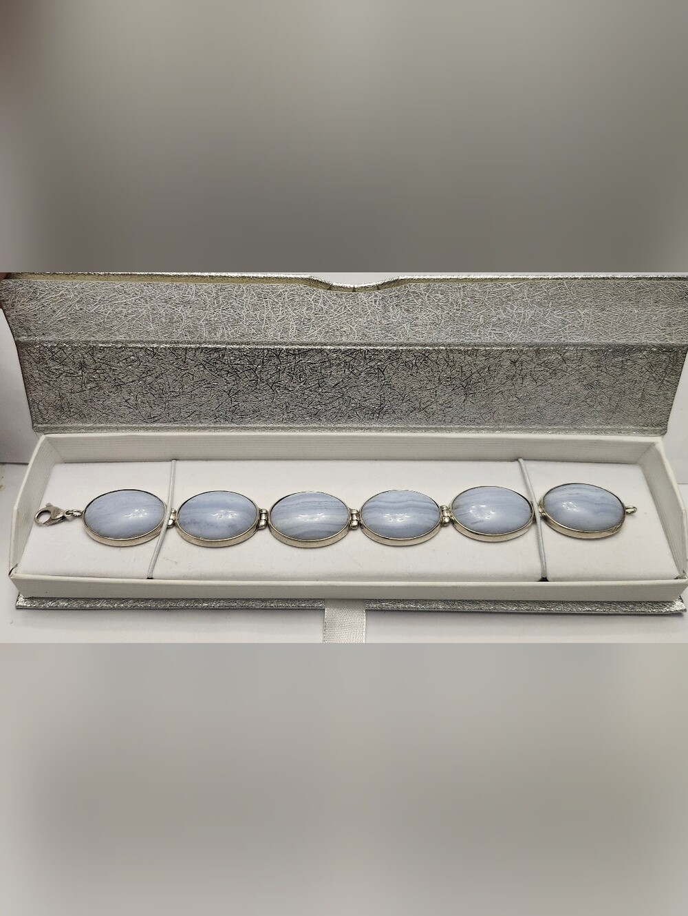Vintage Mexico Blue Lace Agate Oval Link Bracelet Sterling Silver
